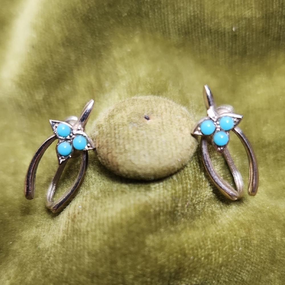 Vintage Midcentury Costume Silver & Turquoise Wishbone Luck Screw Back Earrings